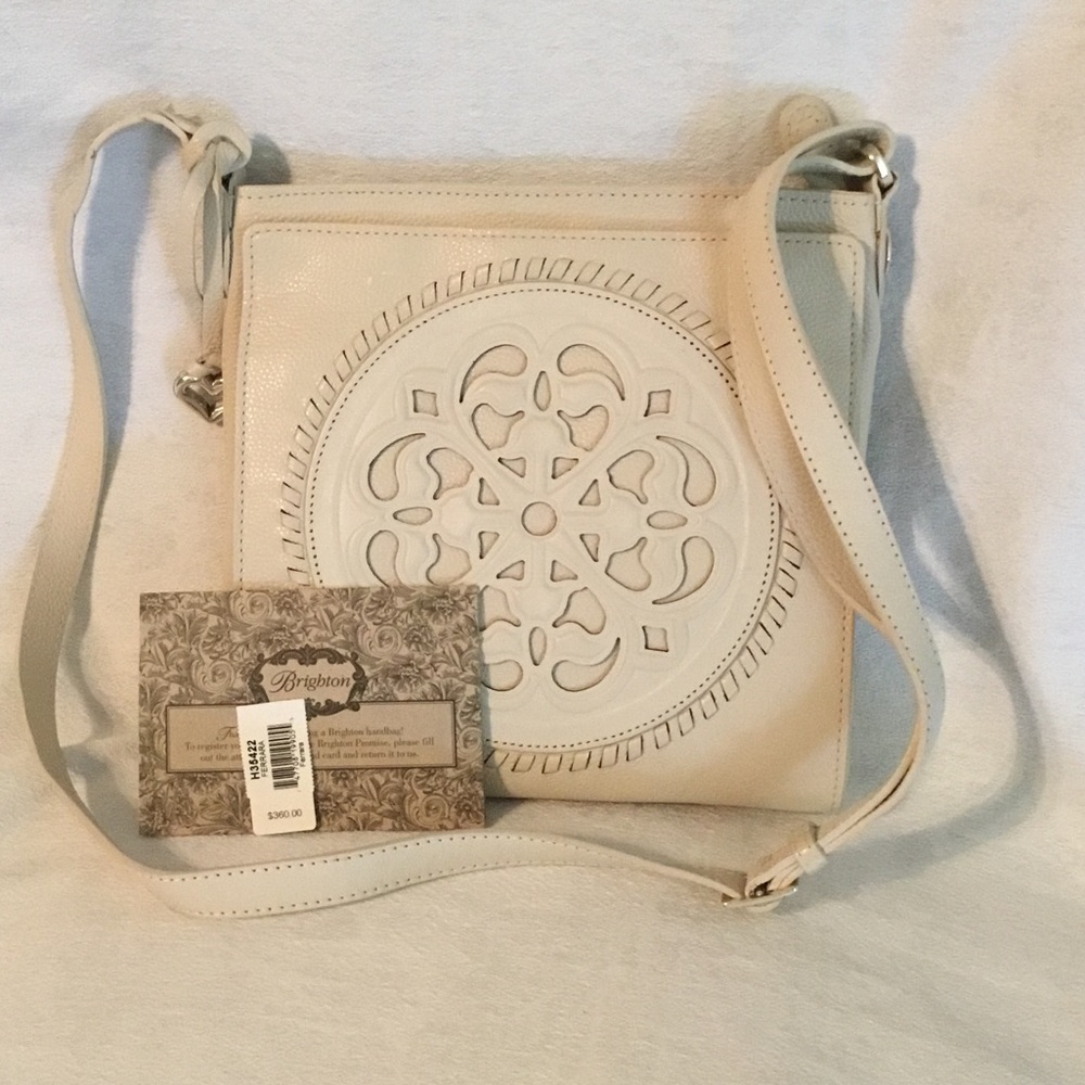 Brighton Off-White Leather Crossbody with Decorative Medallion